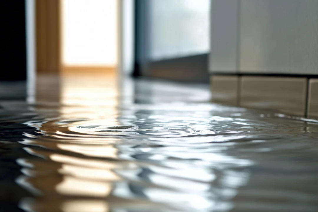 Close-up, low-angle shot of water ripples on a flooded indoor floor next to white cabinetry
